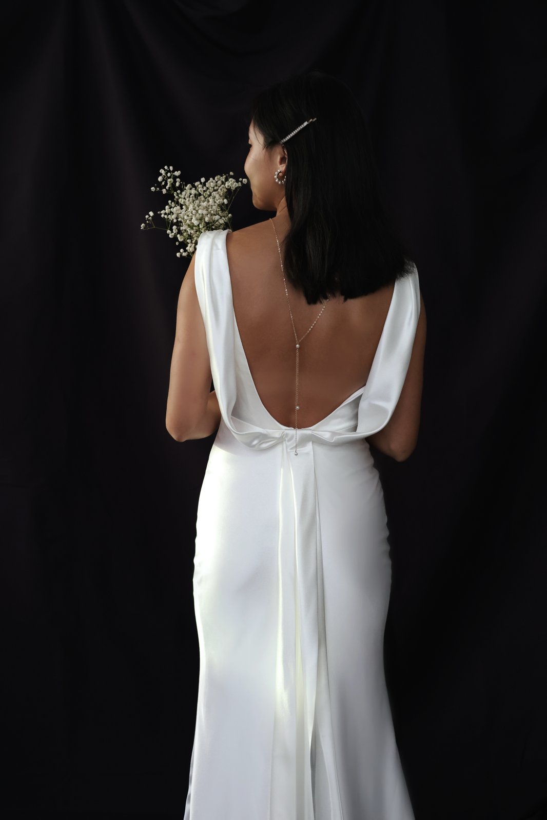 Julia Boat Neck Open Back Minimal Wedding Dress Bone Grey