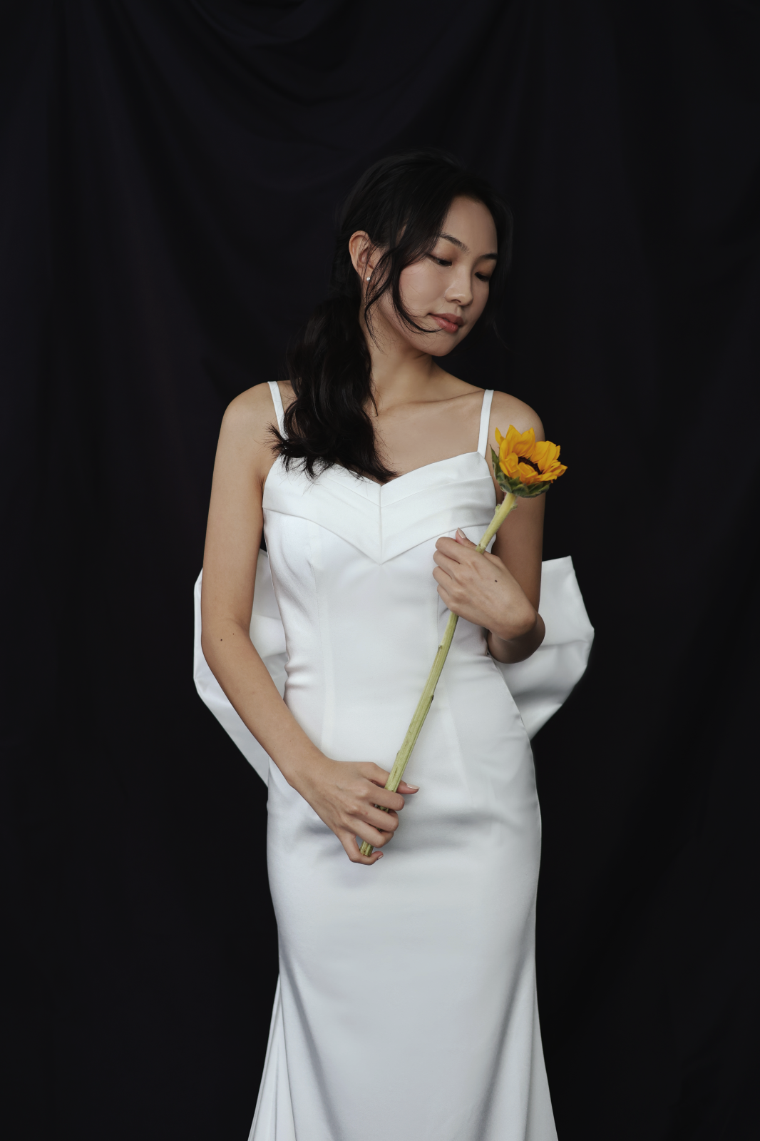 Saravine Spaghetti Strap Column Wedding Dress with Removable Bow | Bone and Grey | Affordable minimal wedding dresses online Canada Singapore USA