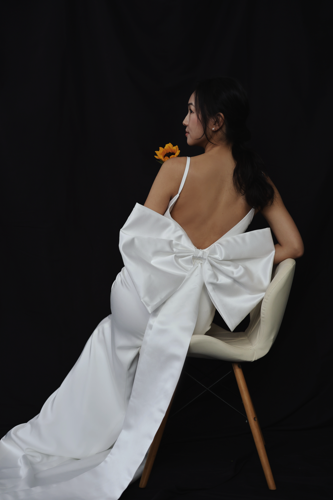 Saravine Spaghetti Strap Minimal Wedding Dress with Removable Bow | Bone & Grey