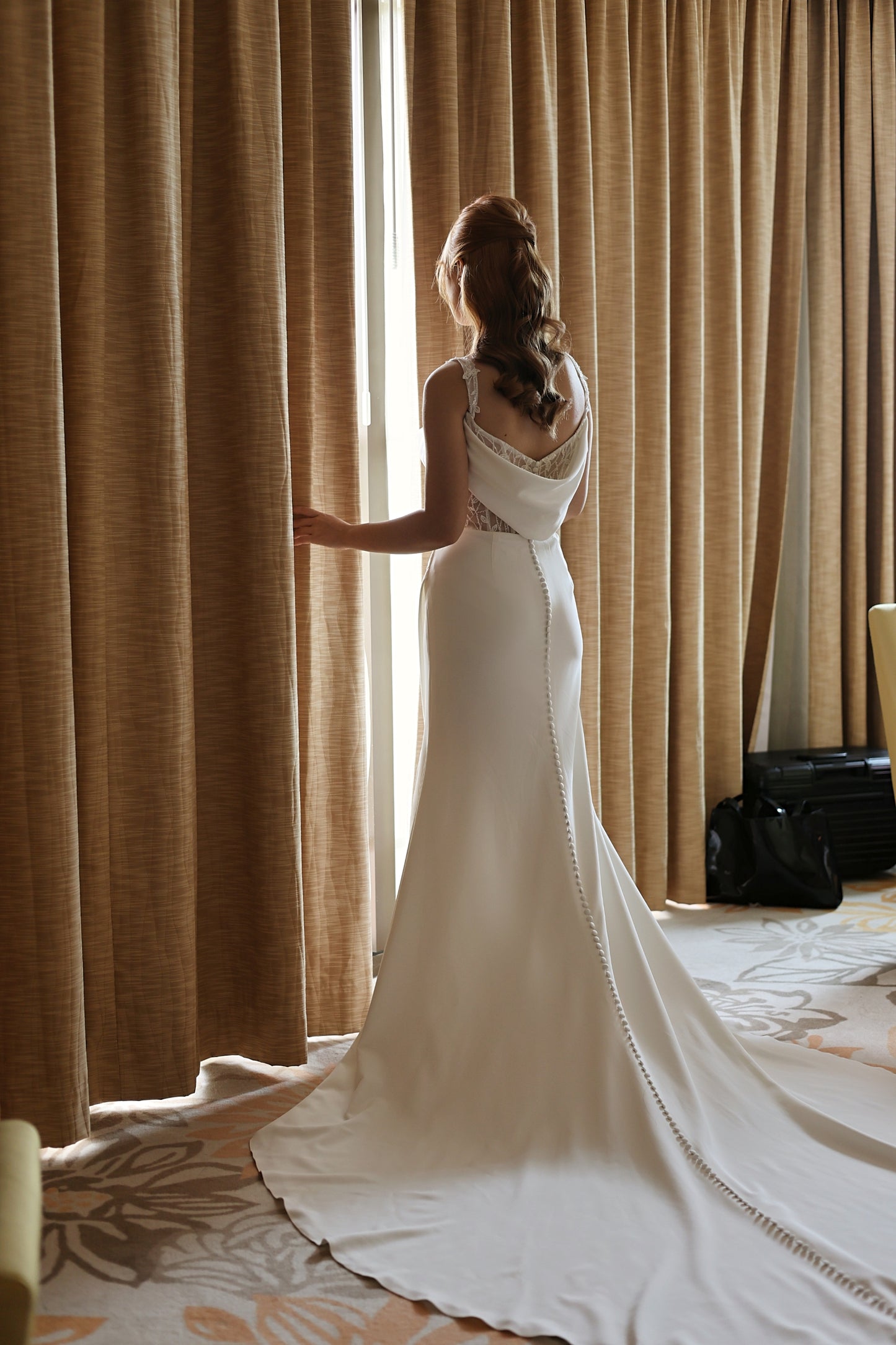 Harper Strapless Straight Square Off-Shoulder Long Sleeves Crepe Column Sheath Wedding Dress | Bone and Grey Bridal | Affordable Minimal Simple Bridal Gowns Online Canada USA Singapore