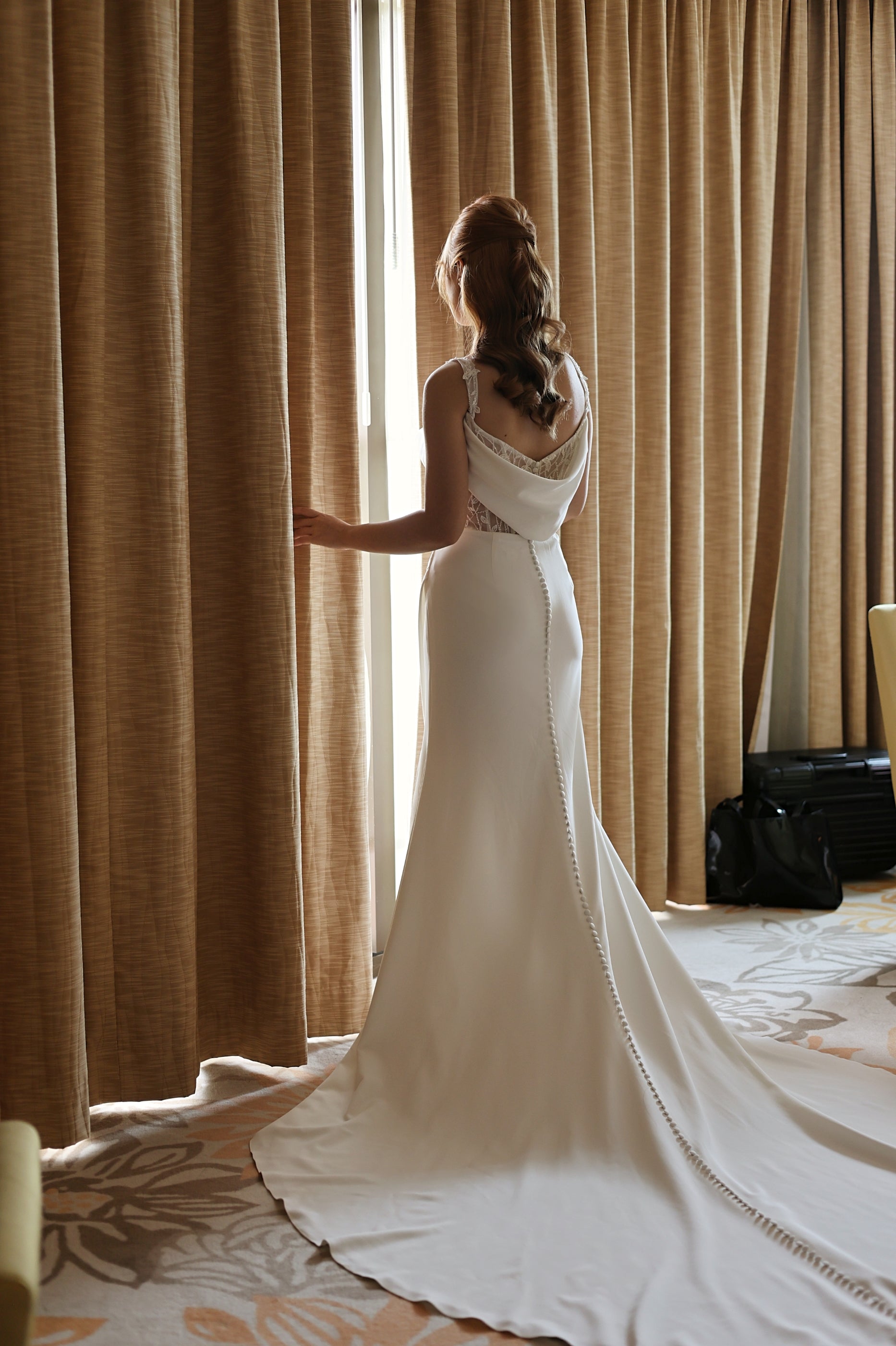 Harper Strapless Straight Square Off-Shoulder Long Sleeves Crepe Column Sheath Wedding Dress | Bone and Grey Bridal | Affordable Minimal Simple Bridal Gowns Online Canada USA Singapore