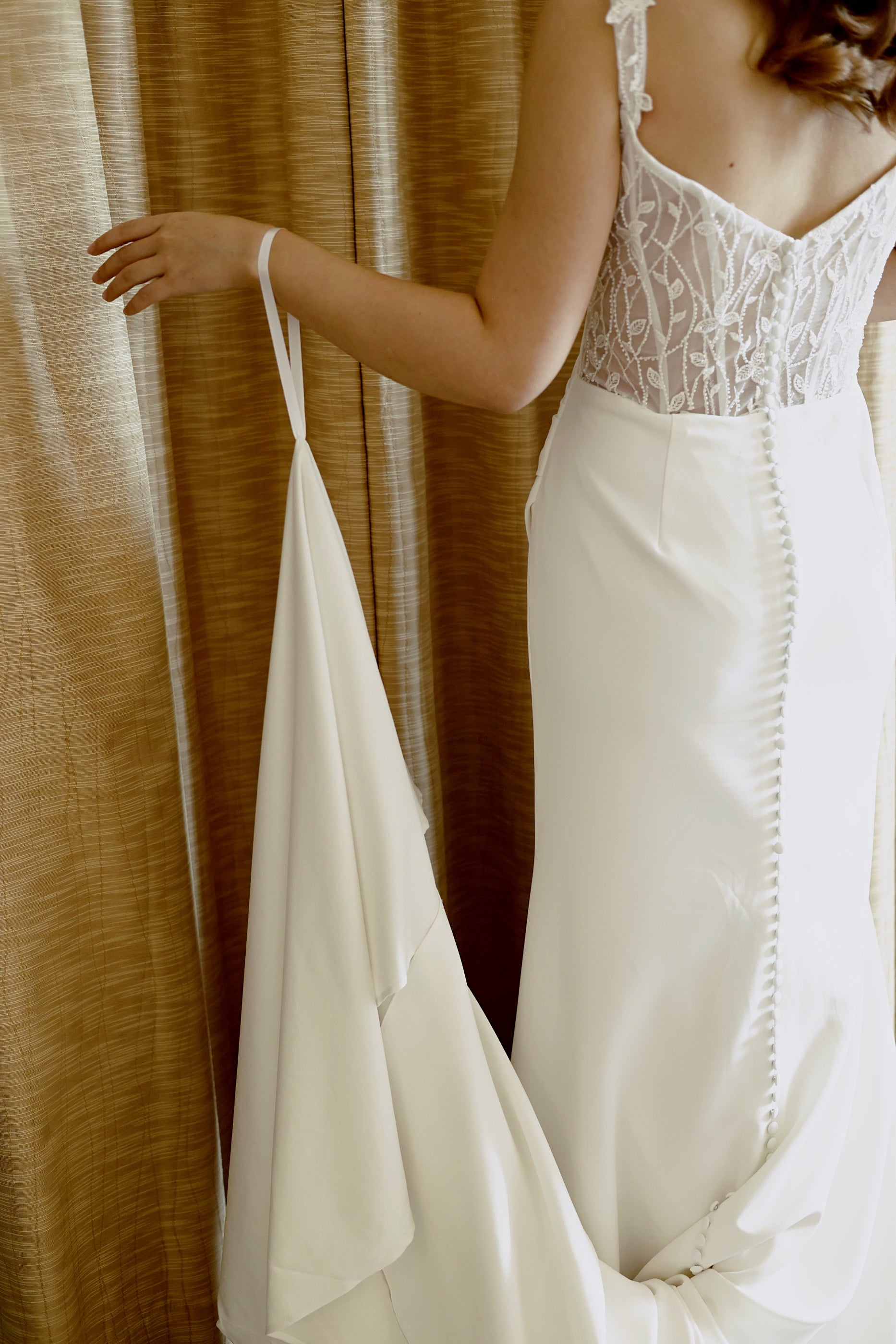 Harper Strapless Straight Square Off-Shoulder Long Sleeves Crepe Column Sheath Wedding Dress | Bone and Grey Bridal | Affordable Minimal Simple Bridal Gowns Online Canada USA Singapore