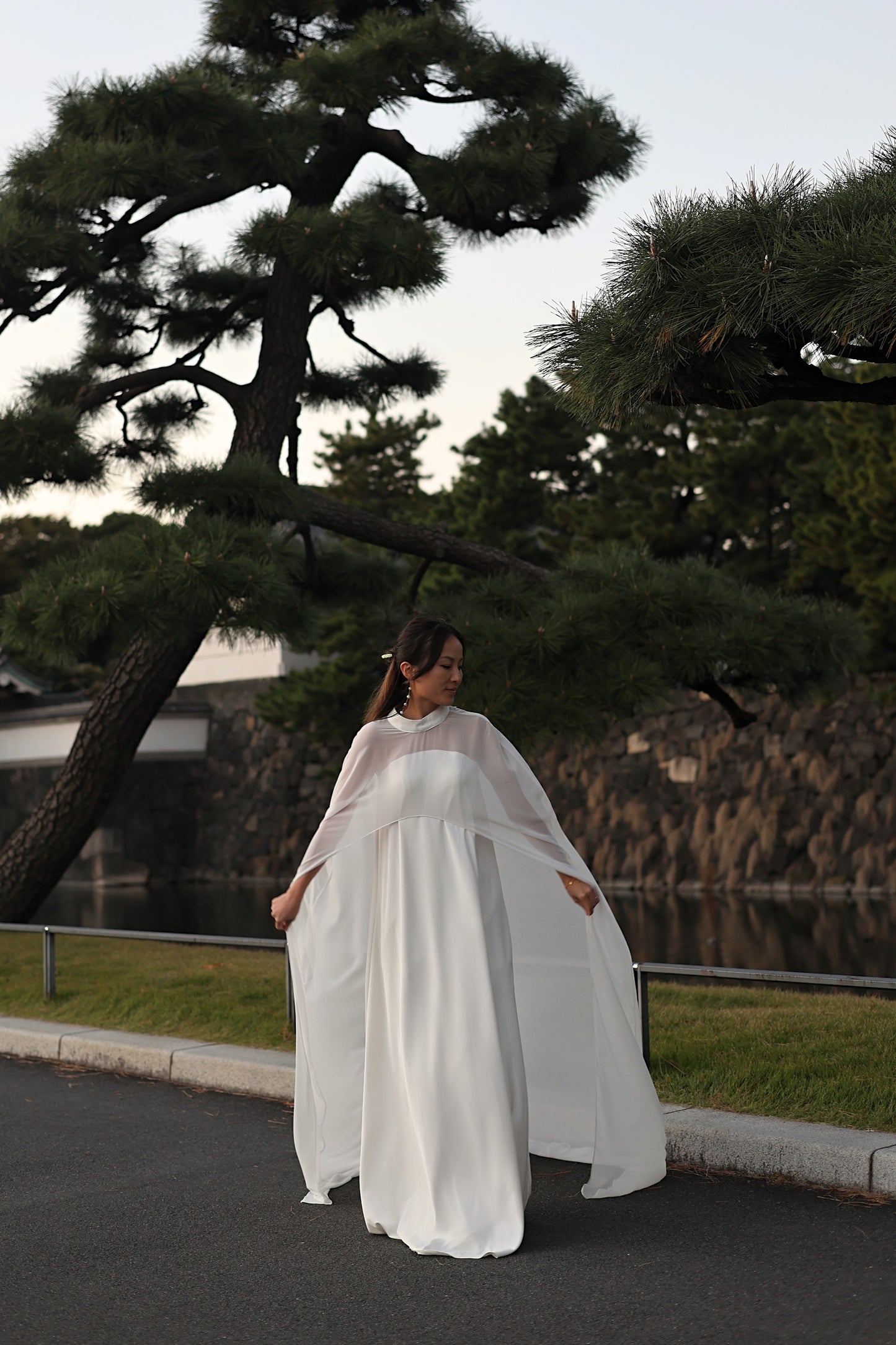 Jade Crescent Neckline Shift Dress with Chiffon Cape Set | Bone and Grey Bridal | Affordable Minimal Wedding Dresses Online Canada USA Singapore