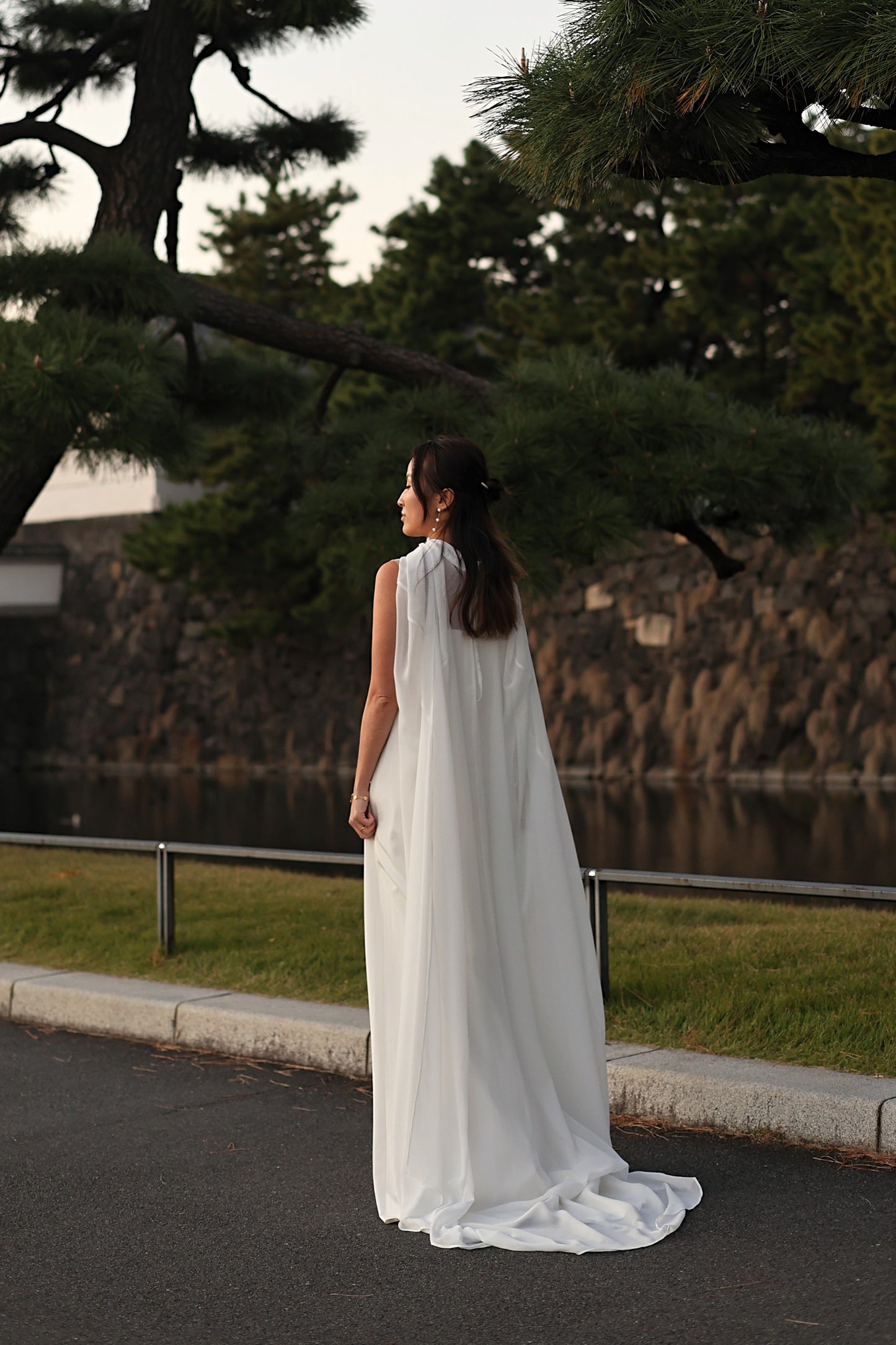 Jade Crescent Neckline Shift Dress with Chiffon Cape Set | Bone and Grey Bridal | Affordable Minimal Wedding Dresses Online Canada USA Singapore