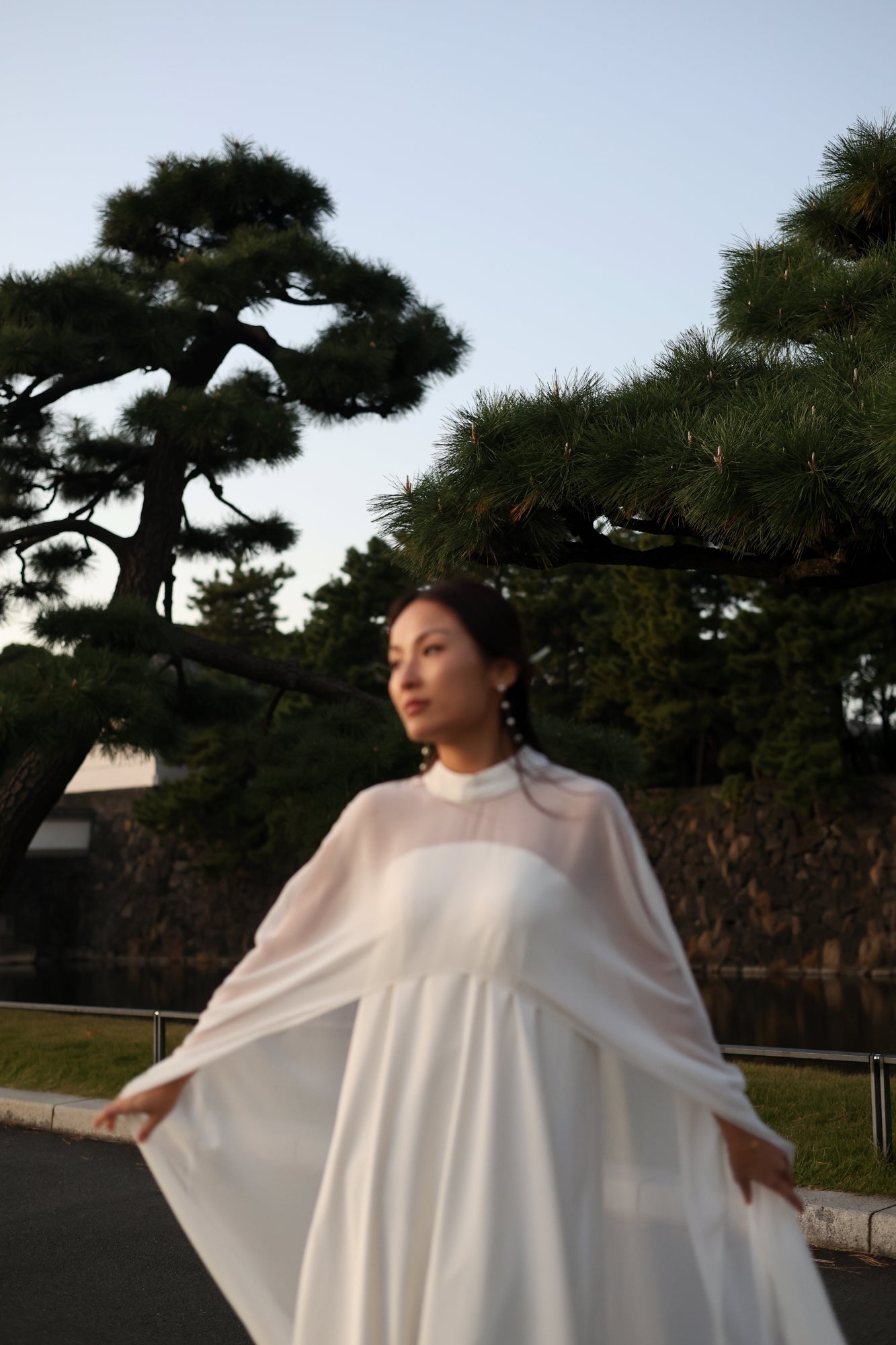 Jade Crescent Neckline Shift Dress with Chiffon Cape Set | Bone and Grey Bridal | Affordable Minimal Wedding Dresses Online Canada USA Singapore