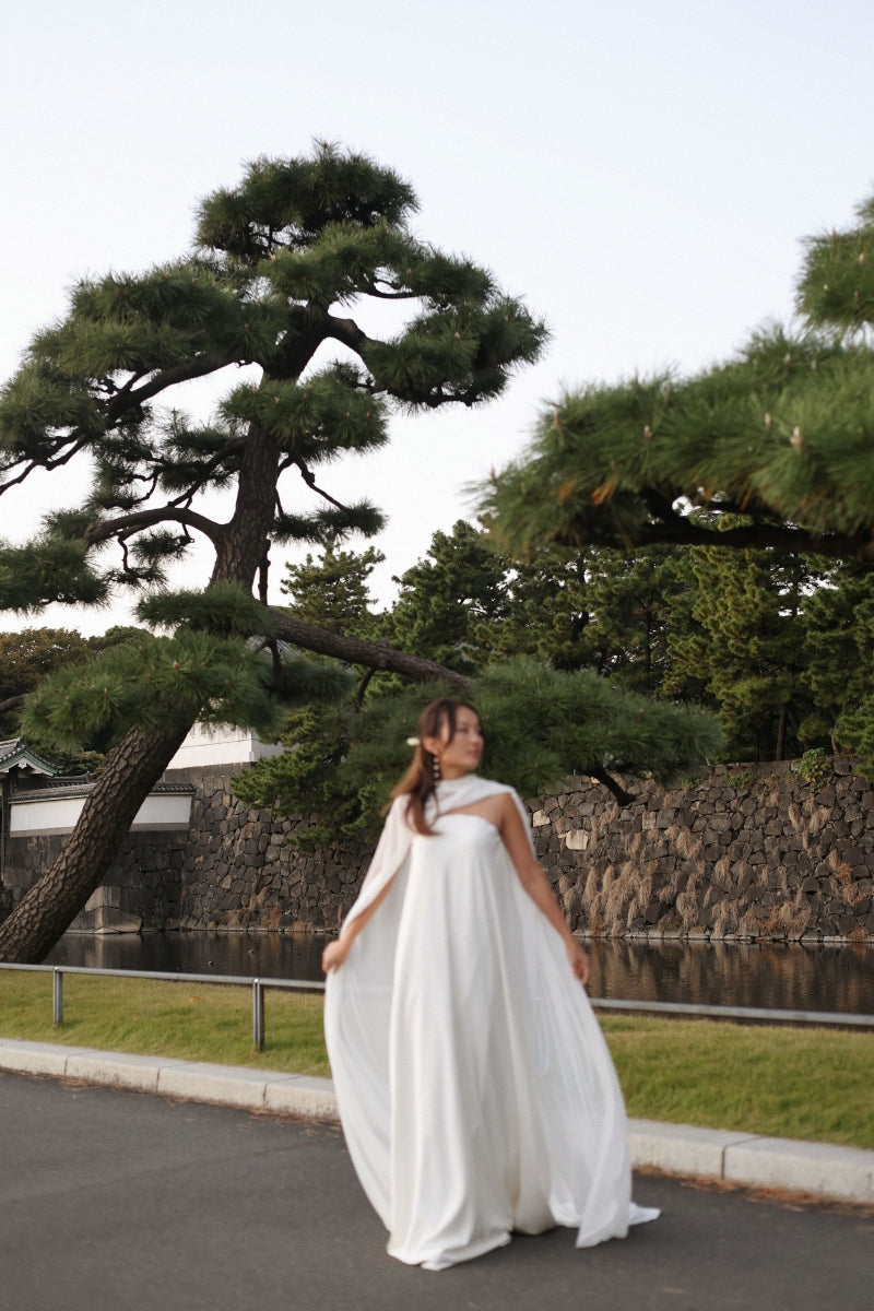 Jade Crescent Neckline Shift Dress with Chiffon Cape Set | Bone and Grey Bridal | Affordable Minimal Wedding Dresses Online Canada USA Singapore