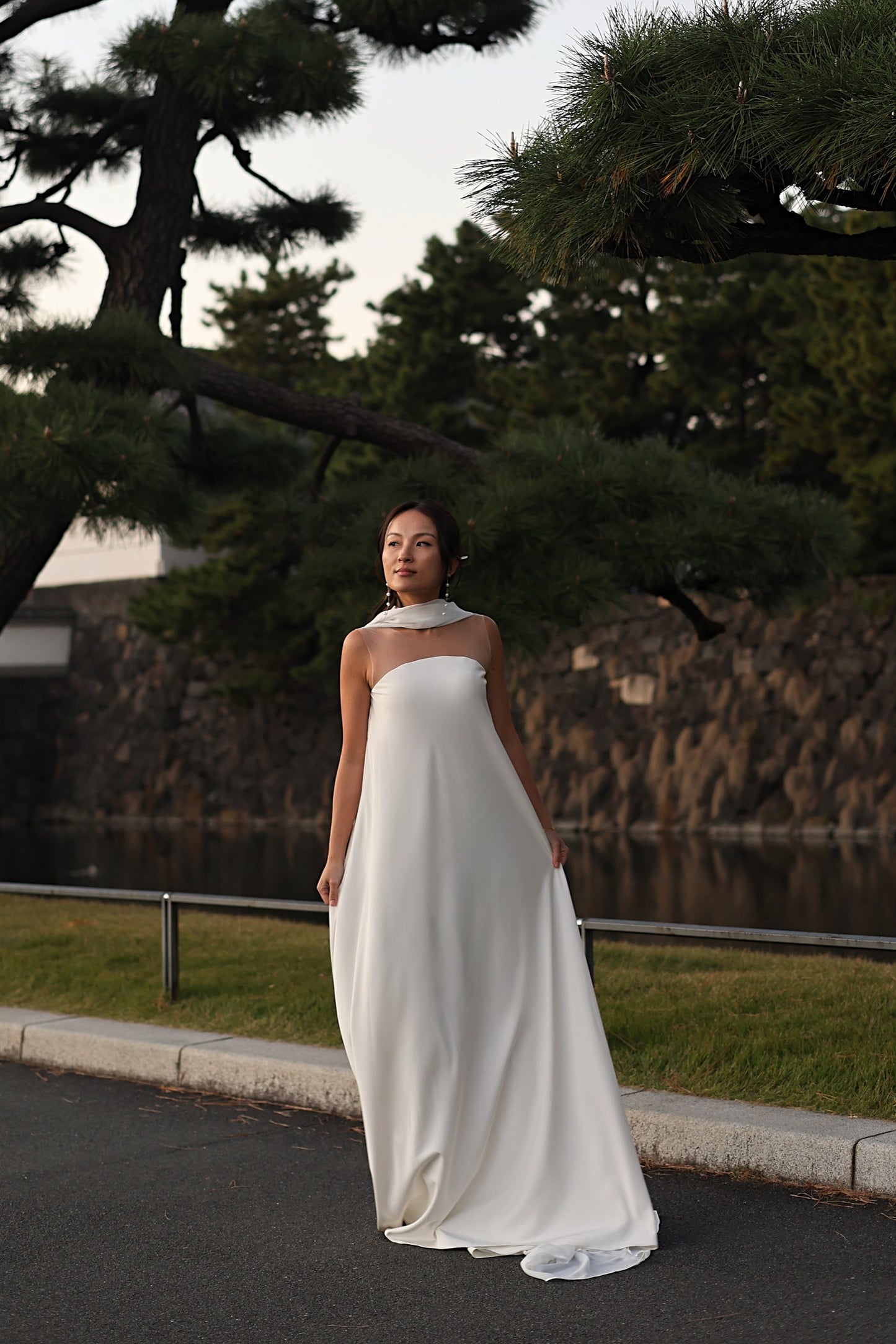 Jade Crescent Neckline Shift Dress with Chiffon Cape Set | Bone and Grey Bridal | Affordable Minimal Wedding Dresses Online Canada USA Singapore