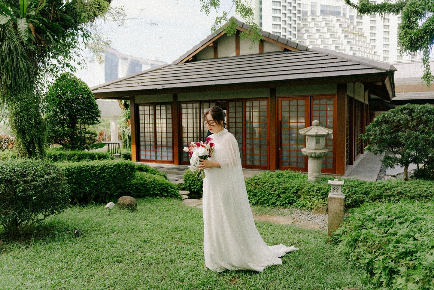 Jade Crescent Neckline Shift Dress with Chiffon Cape Set | Bone and Grey Bridal | Affordable Minimal Wedding Dresses Online Canada USA Singapore