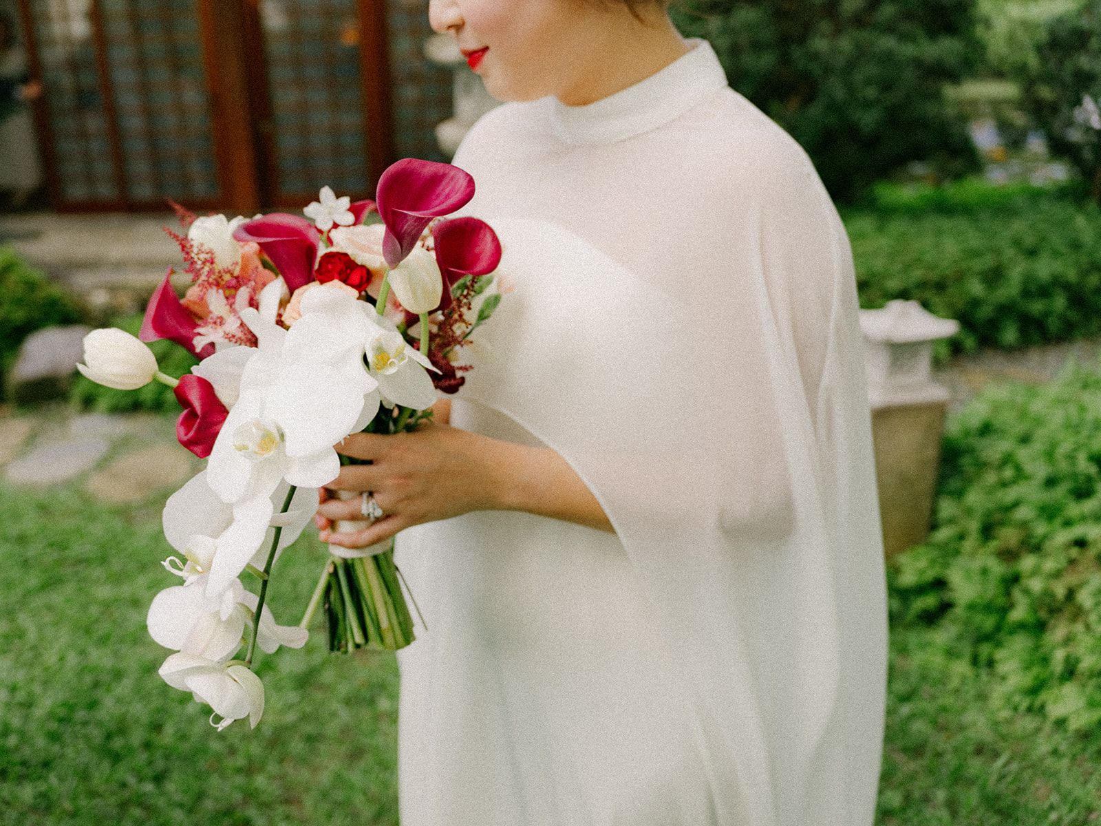 Jade Crescent Neckline Shift Dress with Chiffon Cape Set | Bone and Grey Bridal | Affordable Minimal Wedding Dresses Online Canada USA Singapore