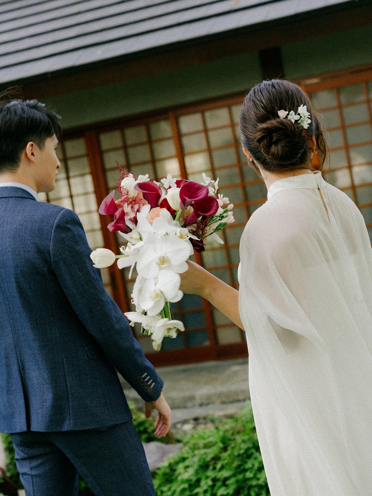 Jade Crescent Neckline Shift Dress with Chiffon Cape Set | Bone and Grey Bridal | Affordable Minimal Wedding Dresses Online Canada USA Singapore