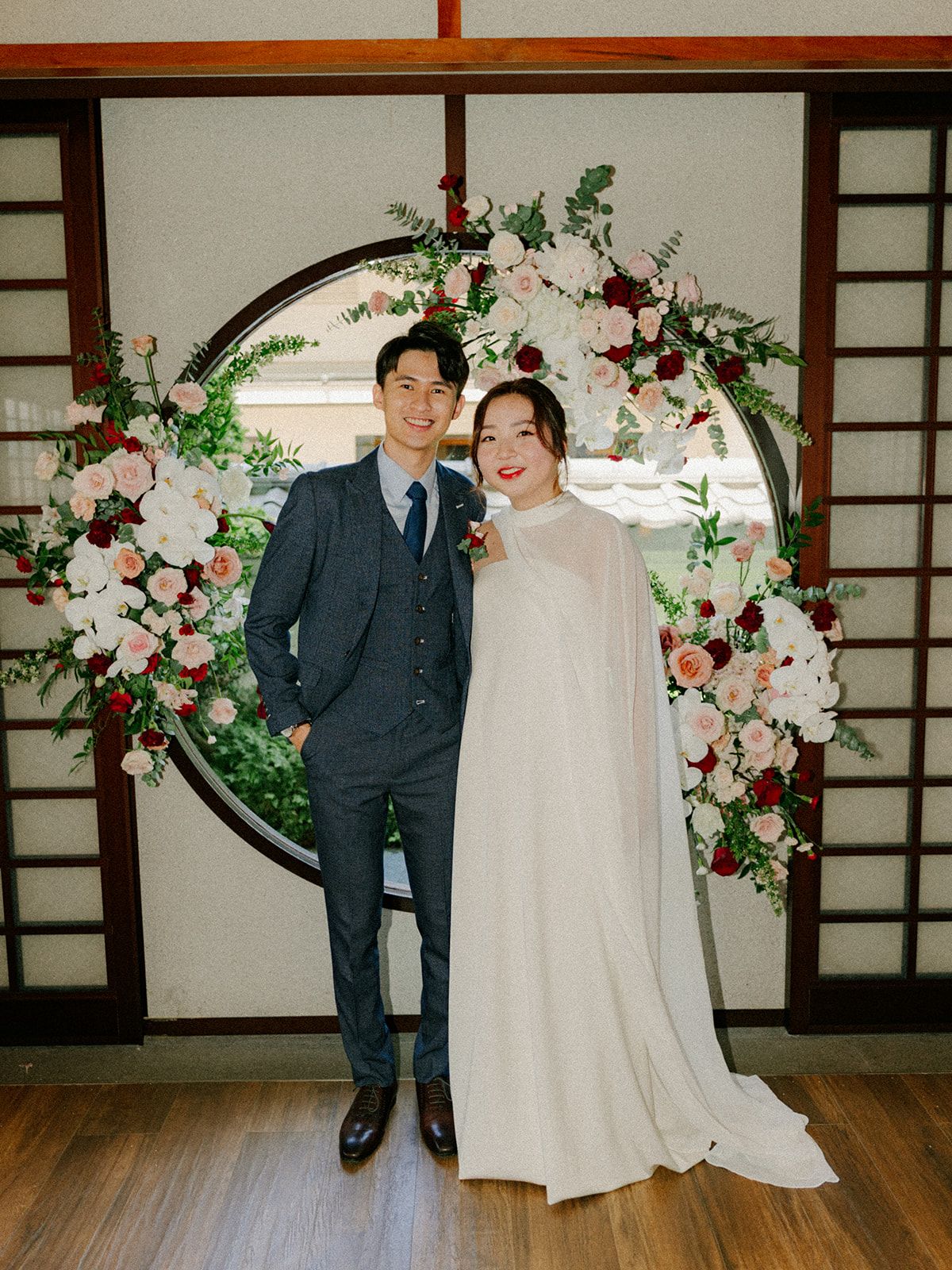 Jade Crescent Neckline Shift Dress with Chiffon Cape Set | Bone and Grey Bridal | Affordable Minimal Wedding Dresses Online Canada USA Singapore