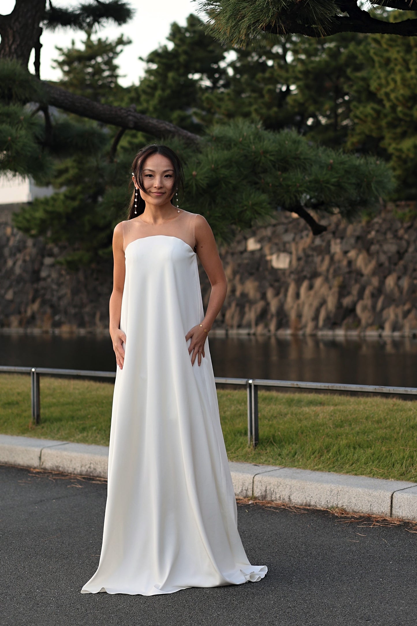 Jade Crescent Neckline Shift Dress with Chiffon Cape Set | Bone and Grey Bridal | Affordable Minimal Wedding Dresses Online Canada USA Singapore