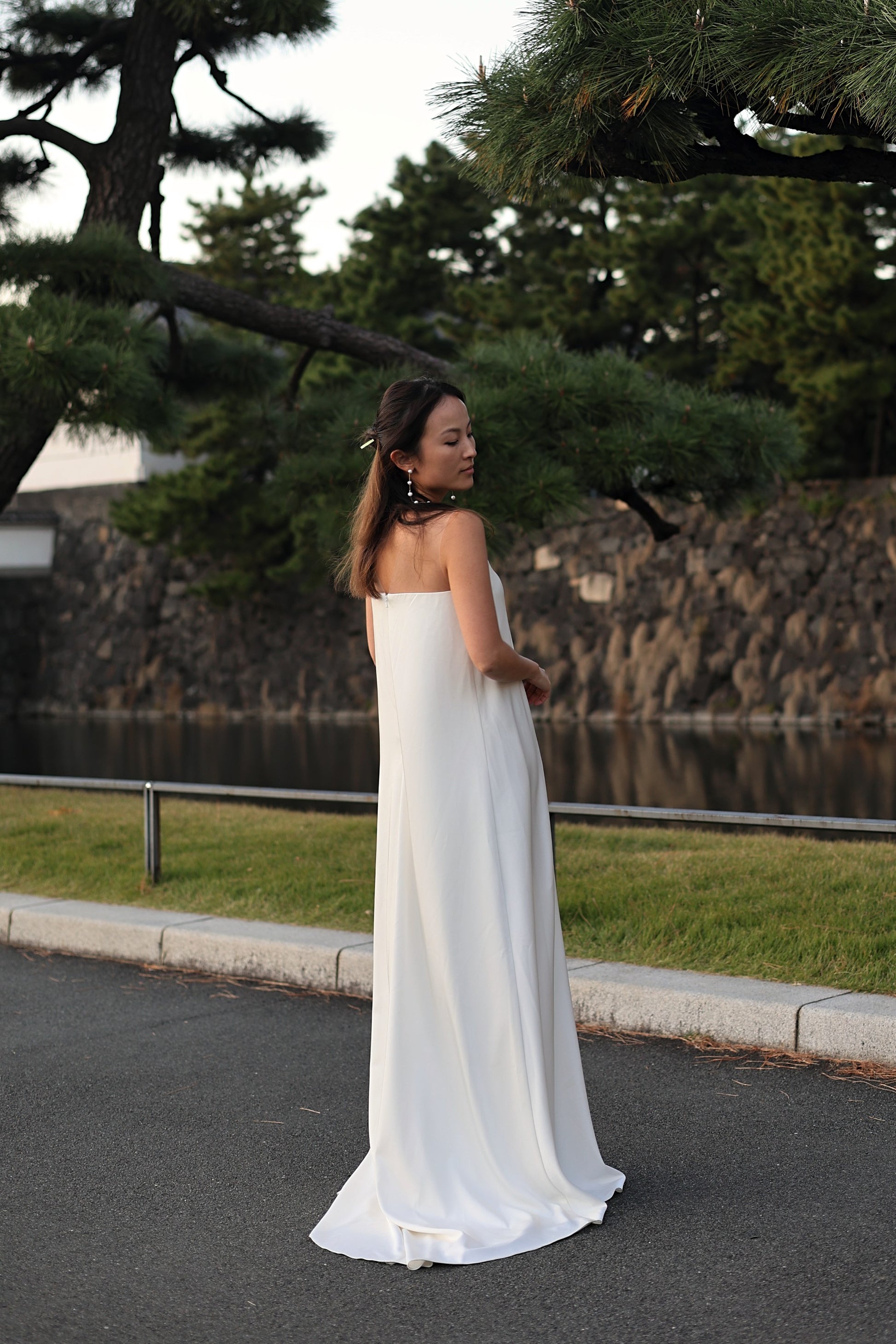 Jade Crescent Neckline Shift Dress with Chiffon Cape Set | Bone and Grey Bridal | Affordable Minimal Wedding Dresses Online Canada USA Singapore