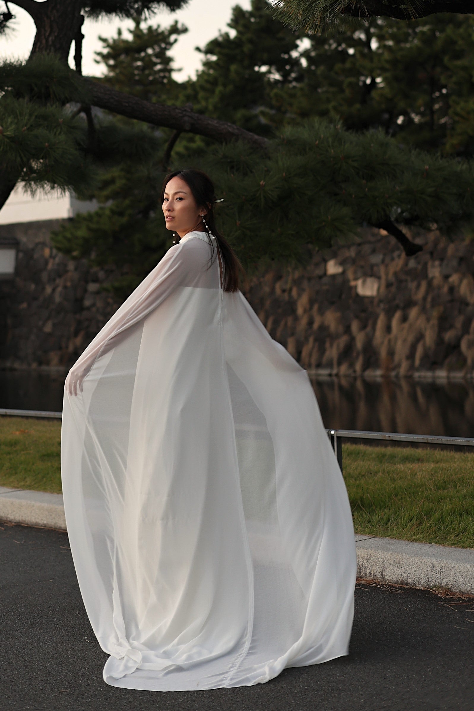 Jade Crescent Neckline Shift Dress with Chiffon Cape Set | Bone and Grey Bridal | Affordable Minimal Wedding Dresses Online Canada USA Singapore