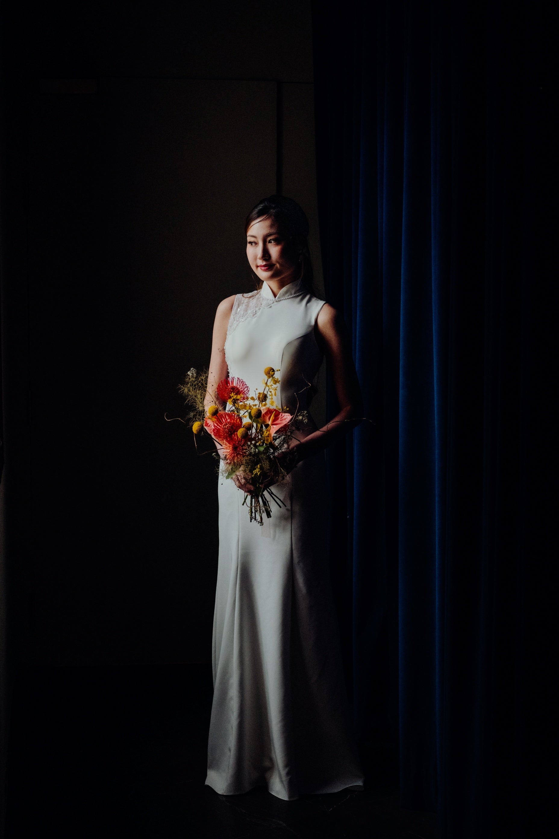 Kaya High Neckline Cheongsam Qipao Fit & Flare Crepe Wedding Dress with Lace Embroidery Beading | Bone and Grey Bridal | Affordable Simple Bridal Gowns Online Canada USA Singapore Kaya High Neckline Cheongsam Qipao Fit & Flare Crepe Wedding Dress with Lace Embroidery Beading | Bone and Grey Bridal | Affordable Simple Bridal Gowns Online Canada USA Singapore