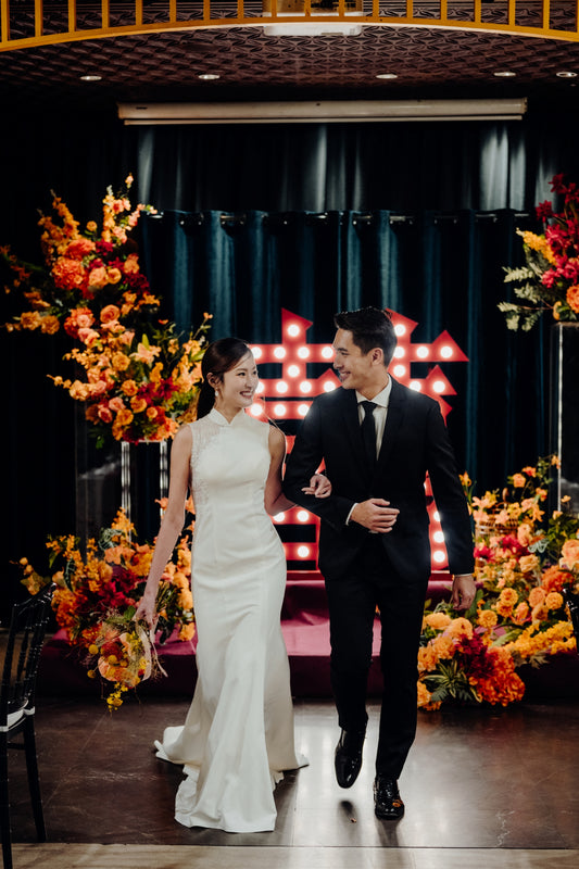 Kaya High Neckline Cheongsam Qipao Fit & Flare Crepe Wedding Dress with Lace Embroidery Beading | Bone and Grey Bridal | Affordable minimal wedding dresses online Canada Singapore USA