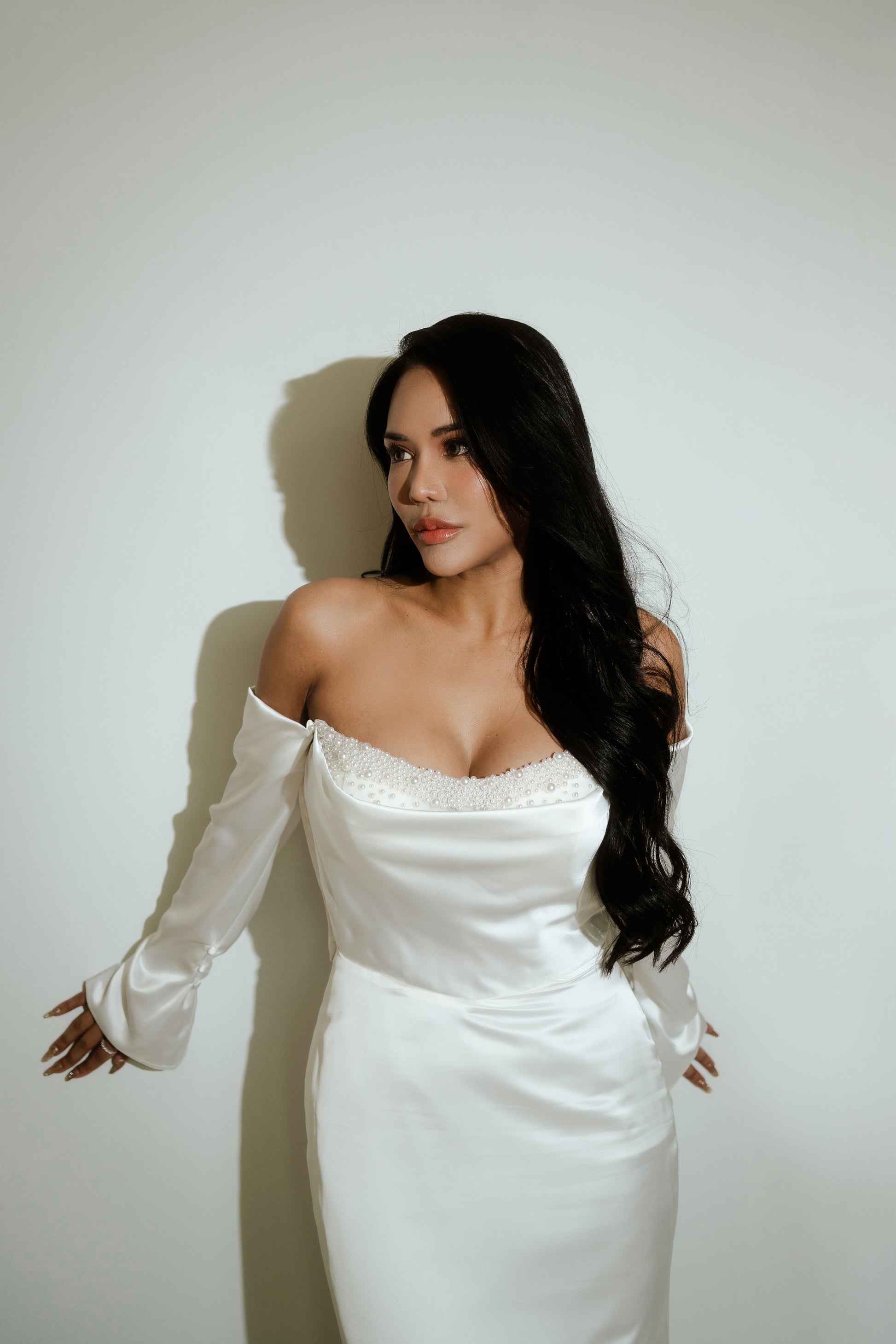 Kendall Strapless Pearl Beaded Peekaboo Long Sleeves Satin Column Sheath Wedding Dress | Bone and Grey Bridal | Affordable Minimal Simple Bridal Gowns Online Canada USA Singapore