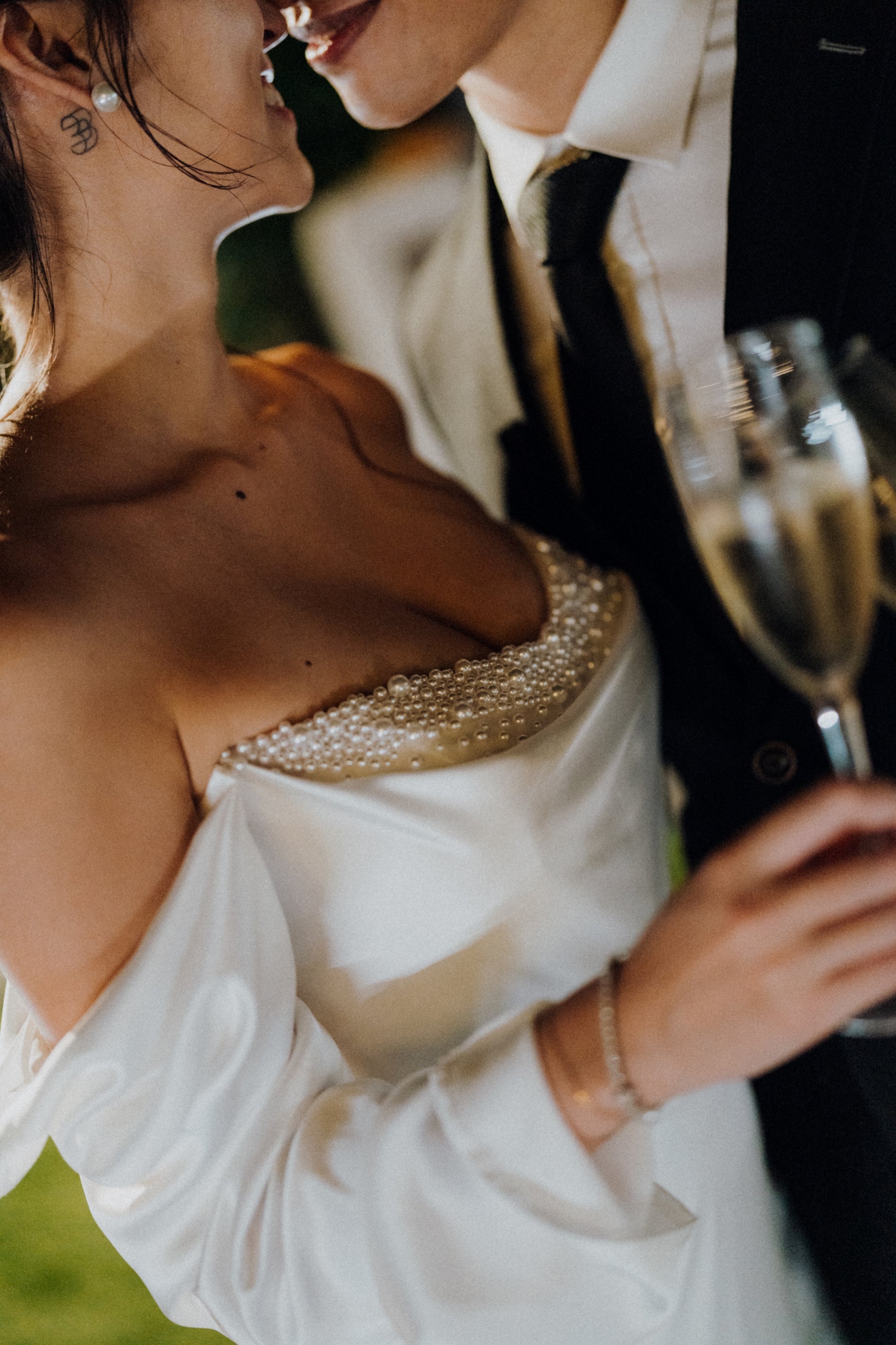 Kendall Strapless Pearl Beaded Peekaboo Long Sleeves Satin Column Sheath Wedding Dress | Bone and Grey Bridal | Affordable Minimal Simple Bridal Gowns Online Canada USA Singapore