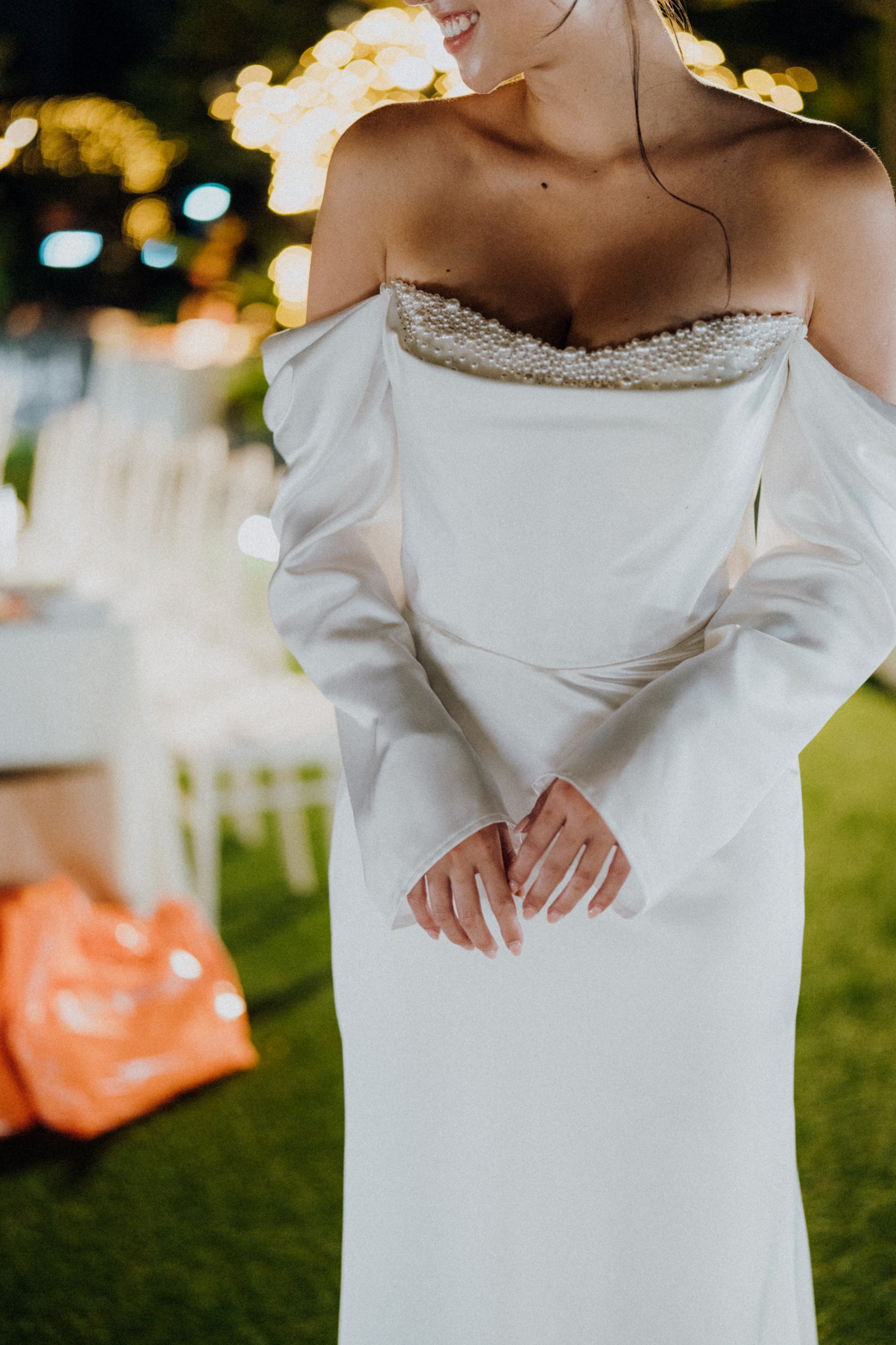 Kendall Strapless Pearl Beaded Peekaboo Long Sleeves Satin Column Sheath Wedding Dress | Bone and Grey Bridal | Affordable Minimal Simple Bridal Gowns Online Canada USA Singapore