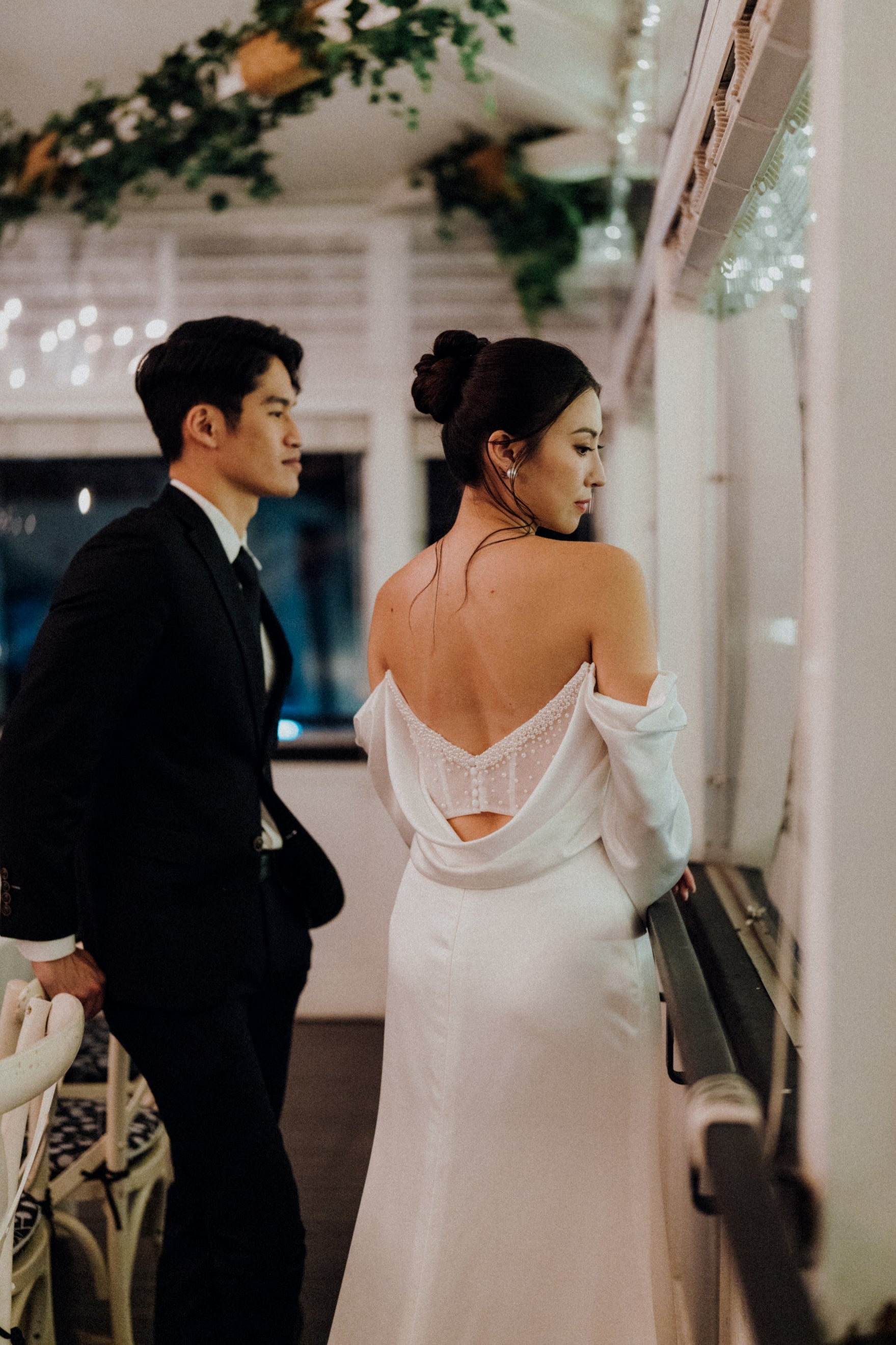 Kendall Strapless Pearl Beaded Peekaboo Long Sleeves Satin Column Sheath Wedding Dress | Bone and Grey Bridal | Affordable Minimal Simple Bridal Gowns Online Canada USA Singapore