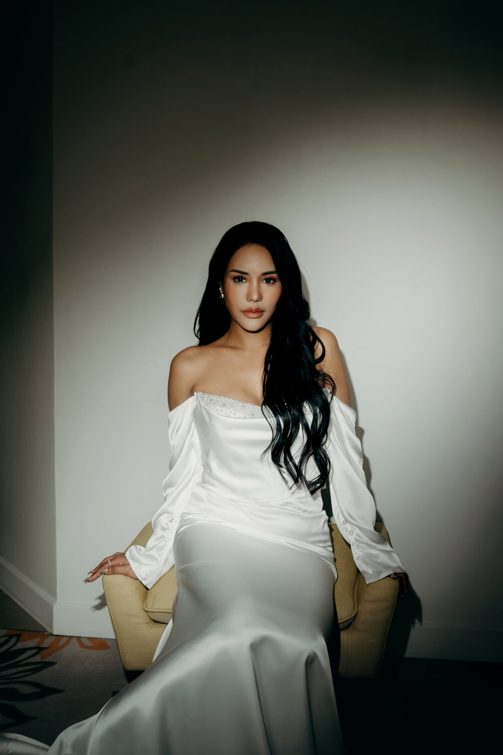 Kendall Strapless Pearl Beaded Peekaboo Long Sleeves Satin Column Sheath Wedding Dress | Bone and Grey Bridal | Affordable Minimal Simple Bridal Gowns Online Canada USA Singapore