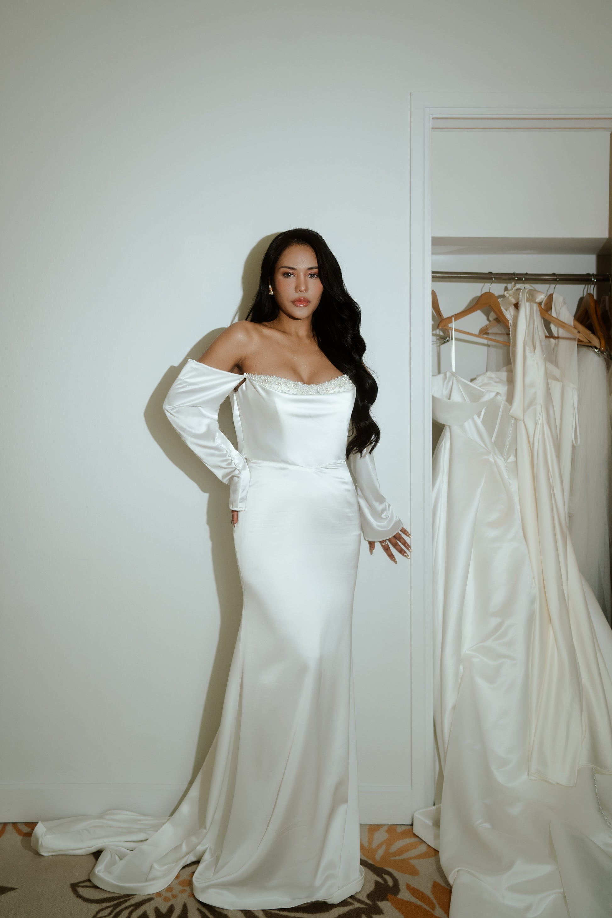 Kendall Strapless Pearl Beaded Peekaboo Long Sleeves Satin Column Sheath Wedding Dress | Bone and Grey Bridal | Affordable Minimal Simple Bridal Gowns Online Canada USA Singapore