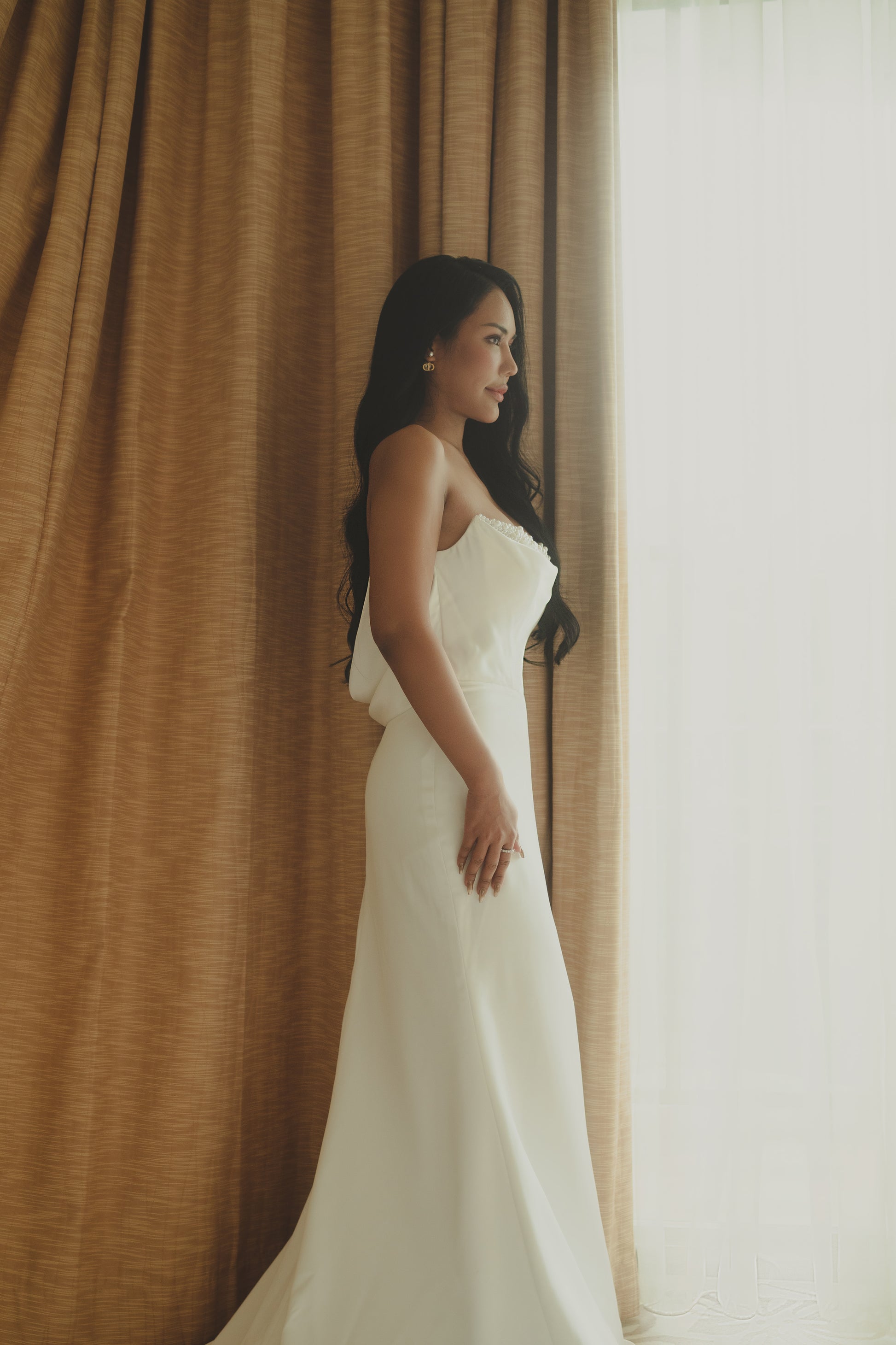 Kendall Strapless Pearl Beaded Peekaboo Long Sleeves Satin Column Sheath Wedding Dress | Bone and Grey Bridal | Affordable Minimal Simple Bridal Gowns Online Canada USA Singapore