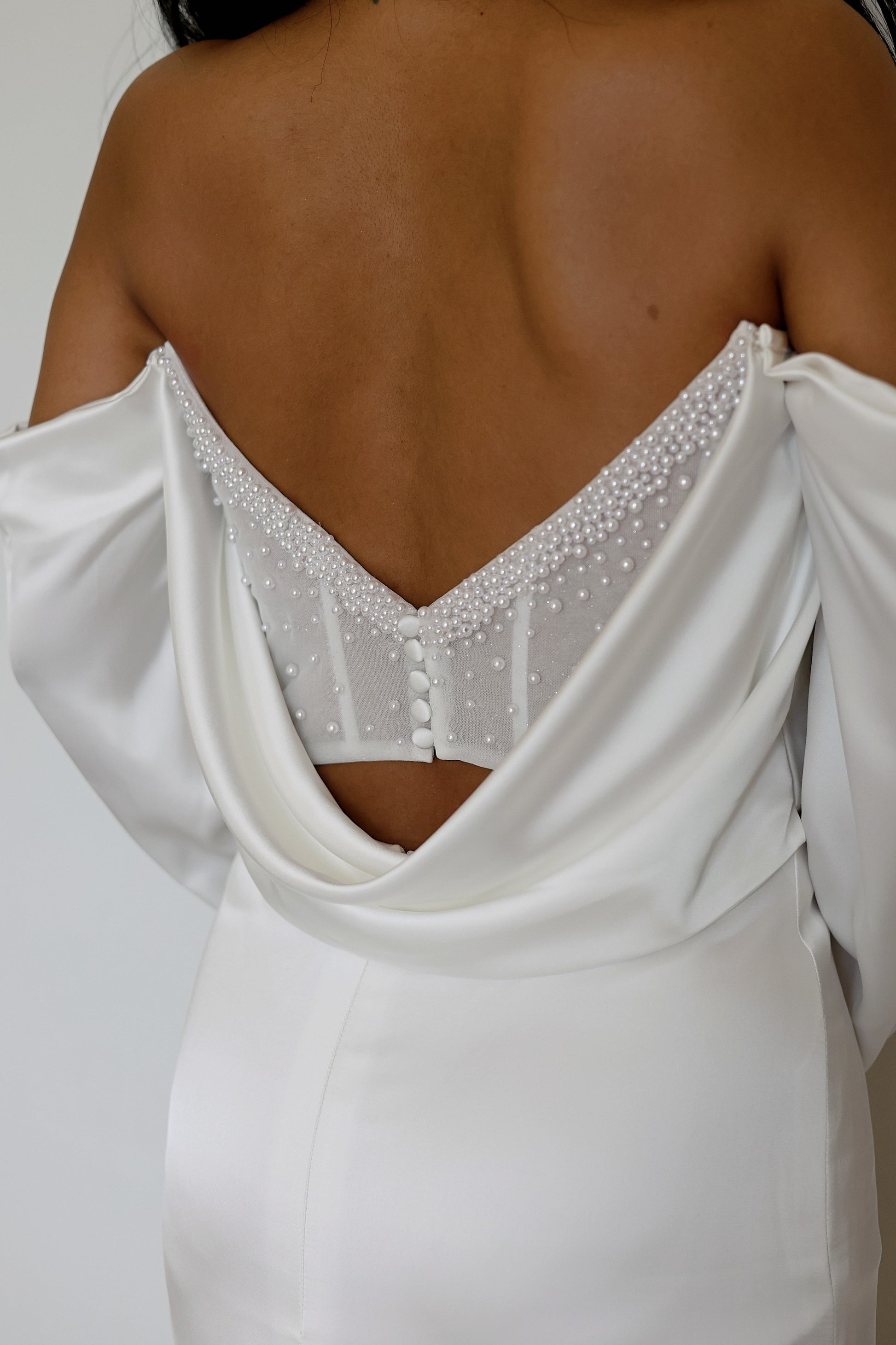 Kendall Strapless Pearl Beaded Peekaboo Long Sleeves Satin Column Sheath Wedding Dress | Bone and Grey Bridal | Affordable Minimal Simple Bridal Gowns Online Canada USA Singapore