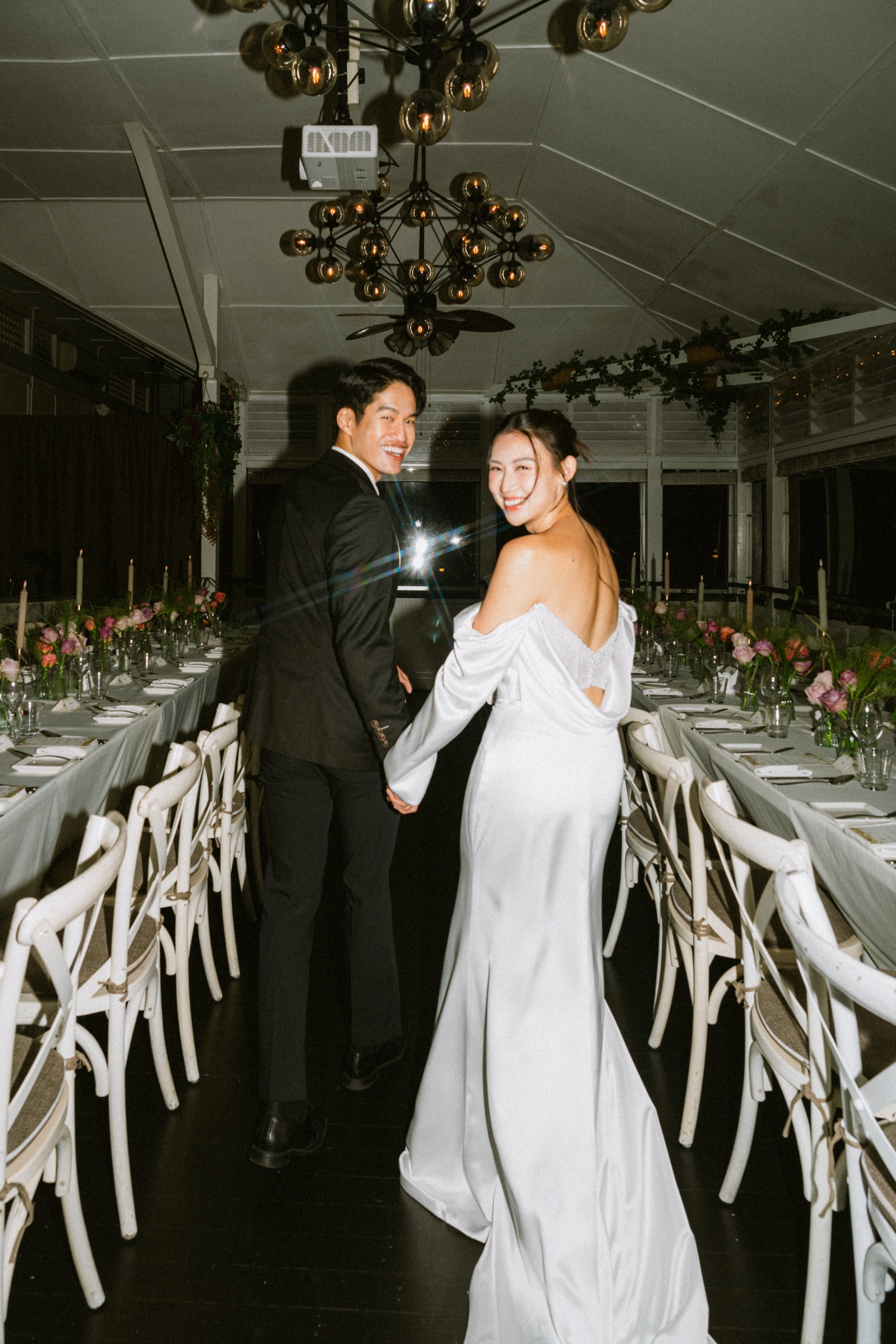 Kendall Strapless Pearl Beaded Peekaboo Long Sleeves Satin Column Sheath Wedding Dress | Bone and Grey Bridal | Affordable Minimal Simple Bridal Gowns Online Canada USA Singapore