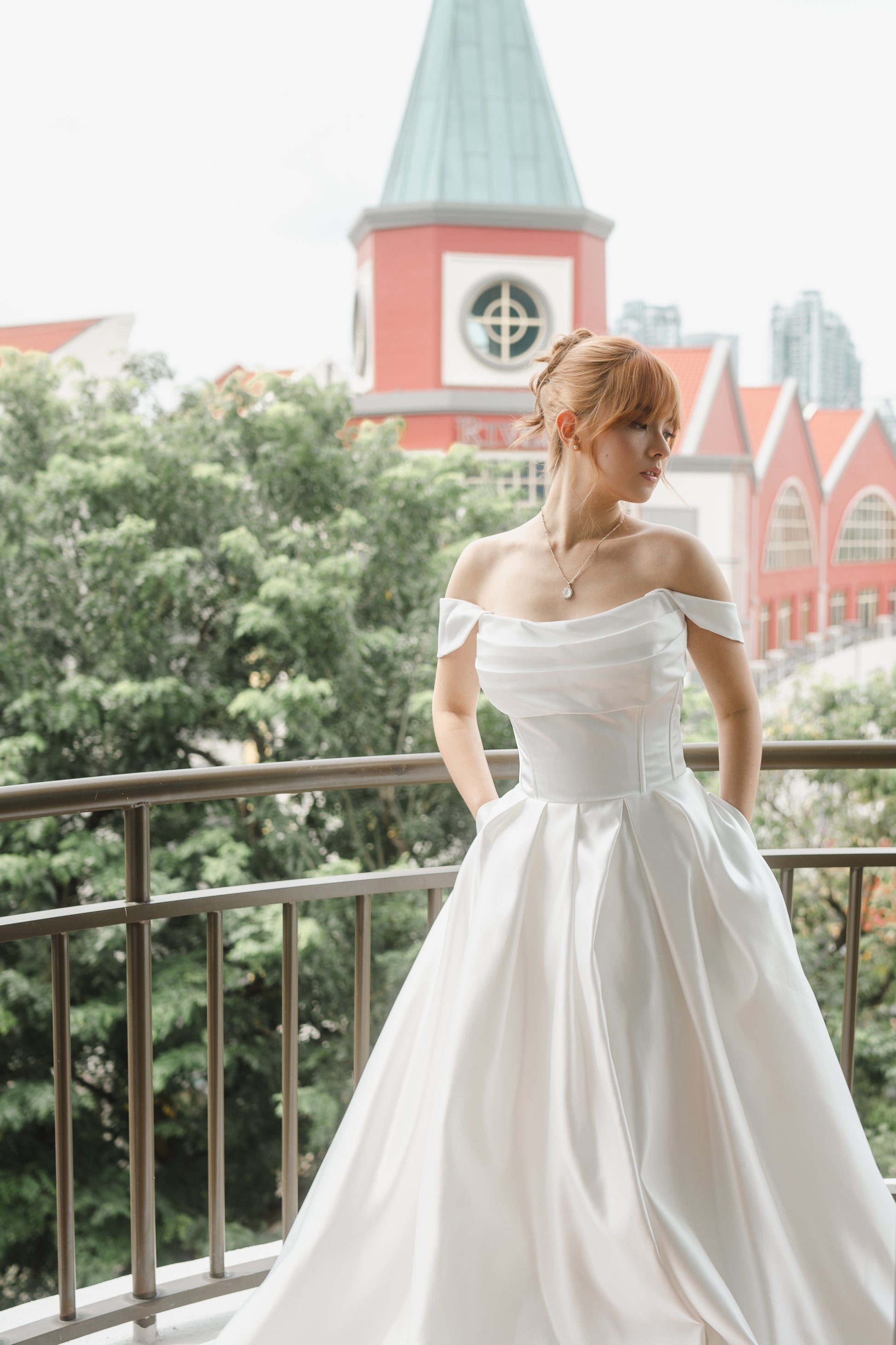 Leah Strapless Off-Shoulder Sleeves Satin A-Line Wedding Dress | Bone and Grey Bridal | Affordable Minimal Simple Bridal Gowns Online Canada USA Singapore