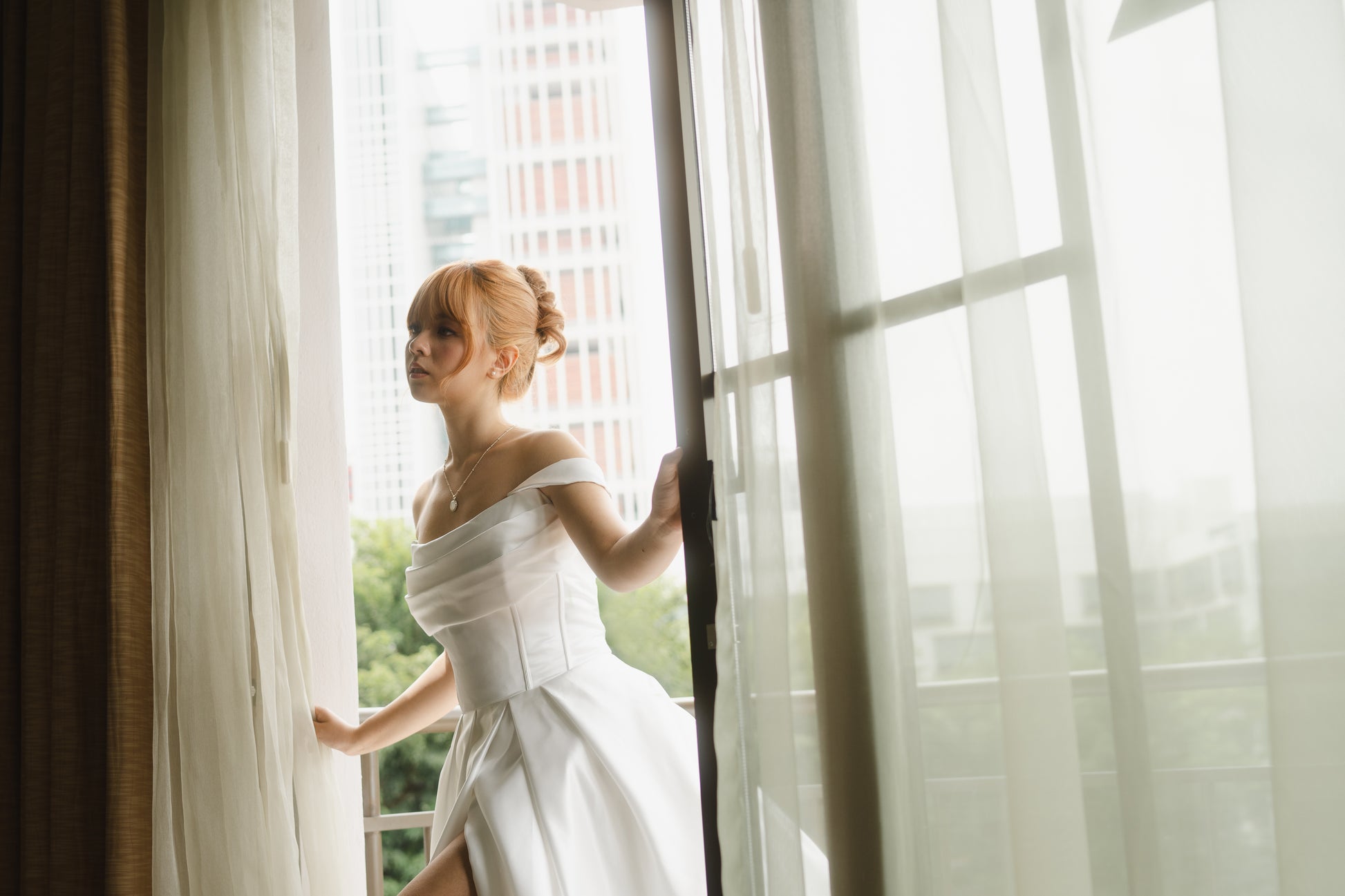 Leah Strapless Off-Shoulder Sleeves Satin A-Line Wedding Dress | Bone and Grey Bridal | Affordable Minimal Simple Bridal Gowns Online Canada USA Singapore