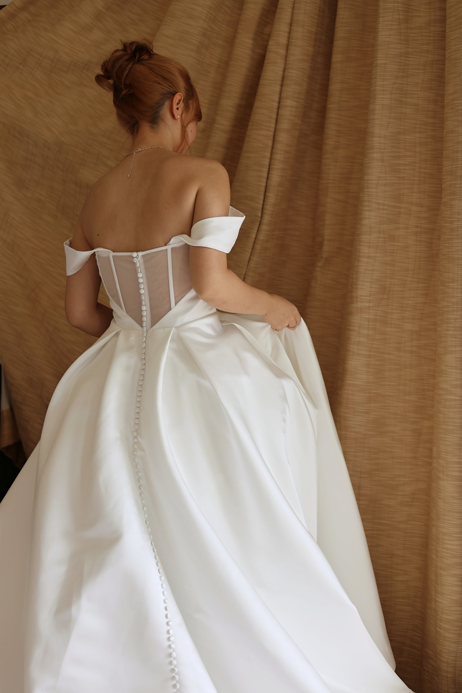 Leah Strapless Off-Shoulder Sleeves Satin A-Line Wedding Dress | Bone and Grey Bridal | Affordable Minimal Simple Bridal Gowns Online Canada USA Singapore