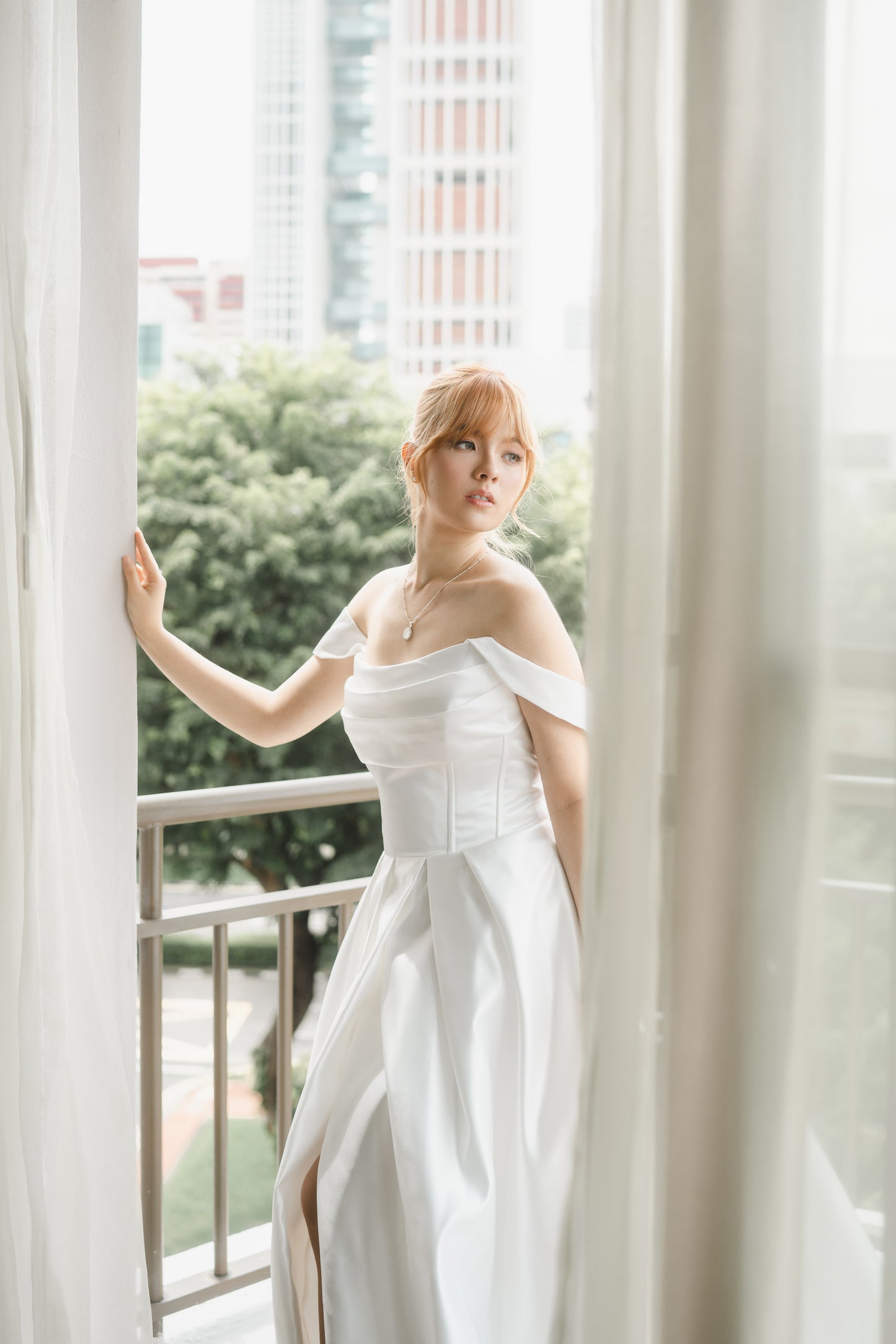 Leah Strapless Off-Shoulder Sleeves Satin A-Line Wedding Dress | Bone and Grey Bridal | Affordable Minimal Simple Bridal Gowns Online Canada USA Singapore