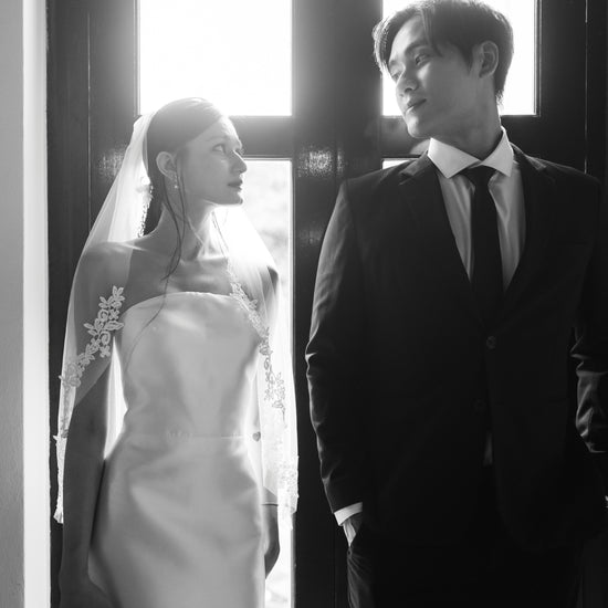 Romy Strapless Crescent Neckline Column Wedding Dress with Neck Scarf | Bone and Grey Bridal | Affordable Minimal Simple Bridal Gowns Online Canada USA Singapore