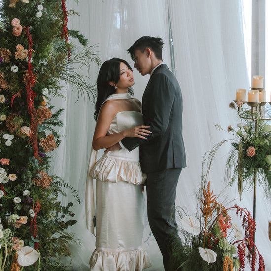 Ivy 2-Piece Strapless Corset & Pencil Skirt Bubble Hem Wedding Dress with Neck Scarf Civil Ceremony Set | Bone and Grey Bridal | Affordable Simple Bridal Gowns Online Canada USA Singapore