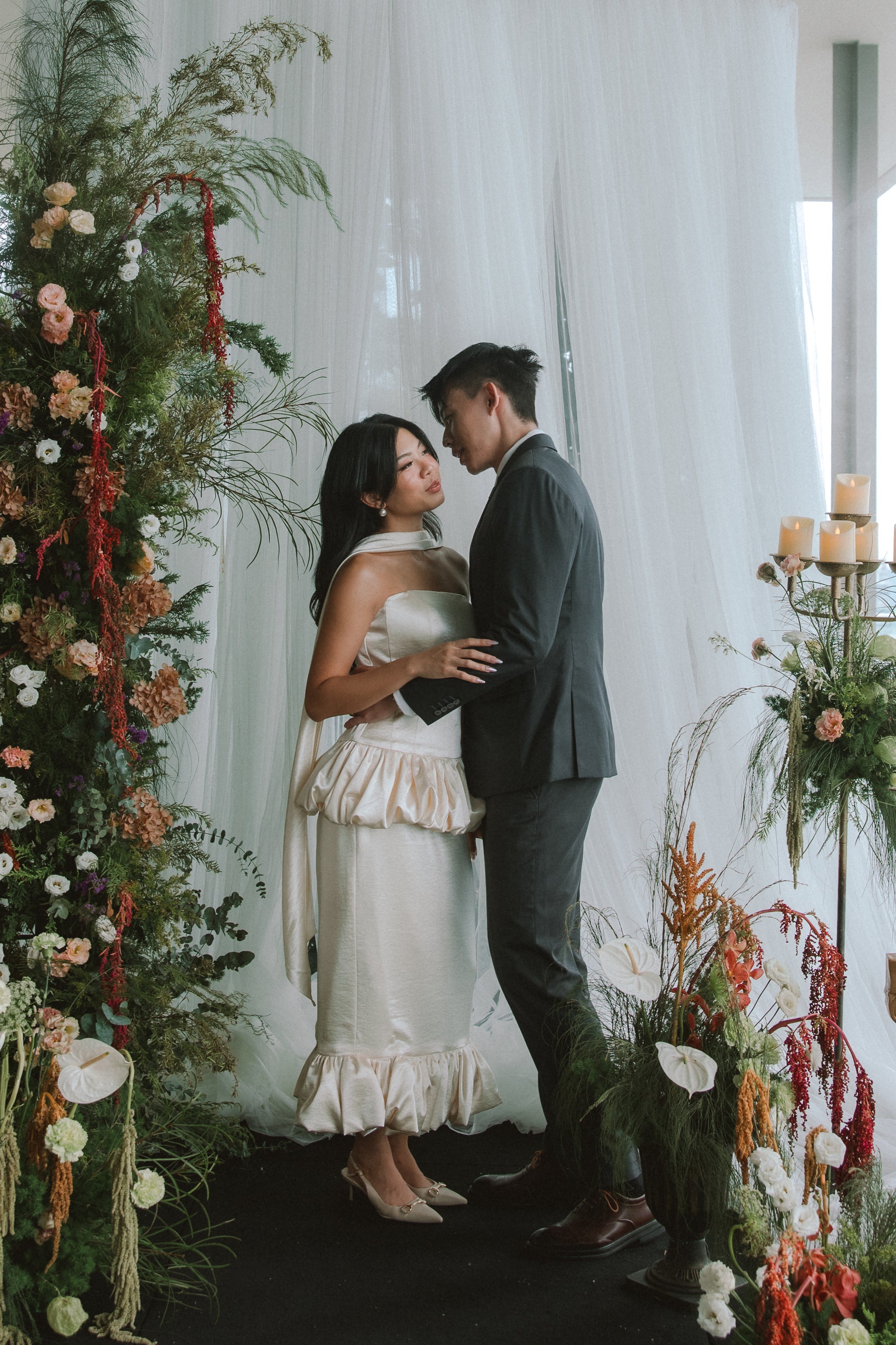 Ivy 2-Piece Strapless Corset & Pencil Skirt Bubble Hem Wedding Dress with Neck Scarf Civil Ceremony Set | Bone and Grey Bridal | Affordable Simple Bridal Gowns Online Canada USA Singapore