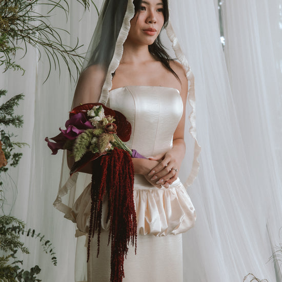 Ivy 2-Piece Strapless Corset & Pencil Skirt Bubble Hem Wedding Dress with Neck Scarf Civil Ceremony Set | Bone and Grey Bridal | Affordable Simple Bridal Gowns Online Canada USA Singapore