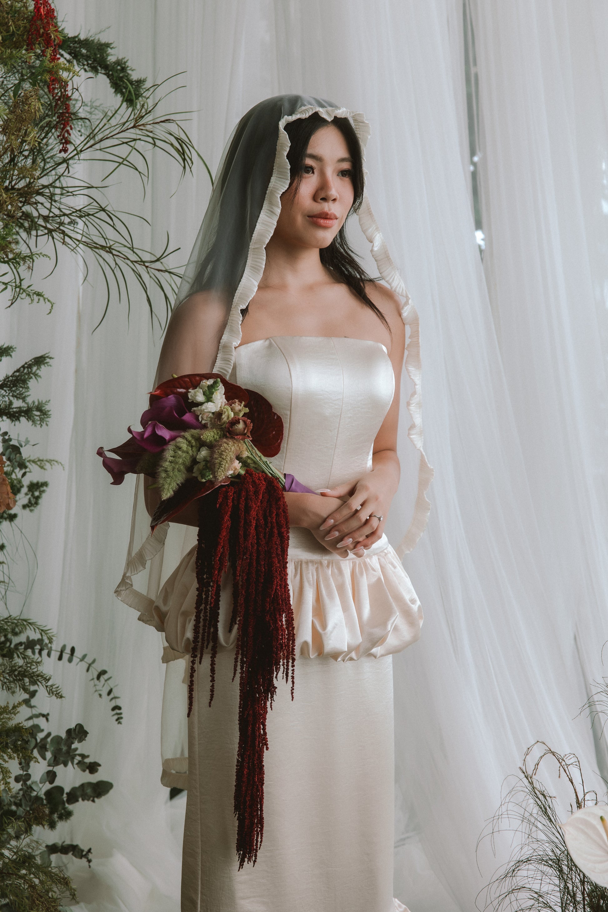 Ivy 2-Piece Strapless Corset & Pencil Skirt Bubble Hem Wedding Dress with Neck Scarf Civil Ceremony Set | Bone and Grey Bridal | Affordable Simple Bridal Gowns Online Canada USA Singapore