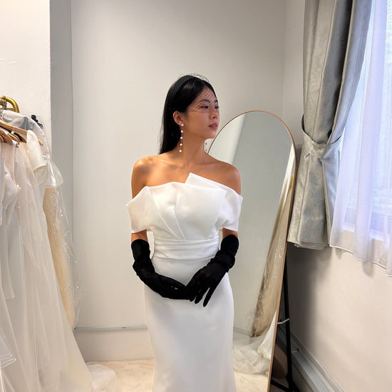 Eden Strapless Asymmetric Neckline Spaghetti Straps Fit & Flare Wedding Dress | Bone and Grey Bridal | Affordable minimal wedding dresses online Canada Singapore USA