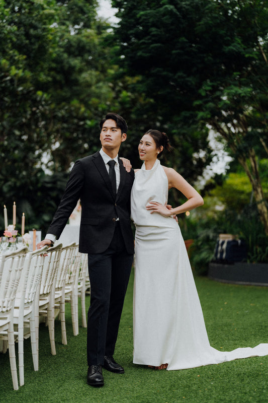 Sophia High Halter Neck Column Crepe Wedding Dress with Slit | Bone and Grey Bridal | Affordable Minimal Wedding Dresses Online Canada USA Singapore